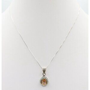 Silver Plate Glass Rhinestone Teardrop Pendant w/ Sterling Silver Chain Necklace